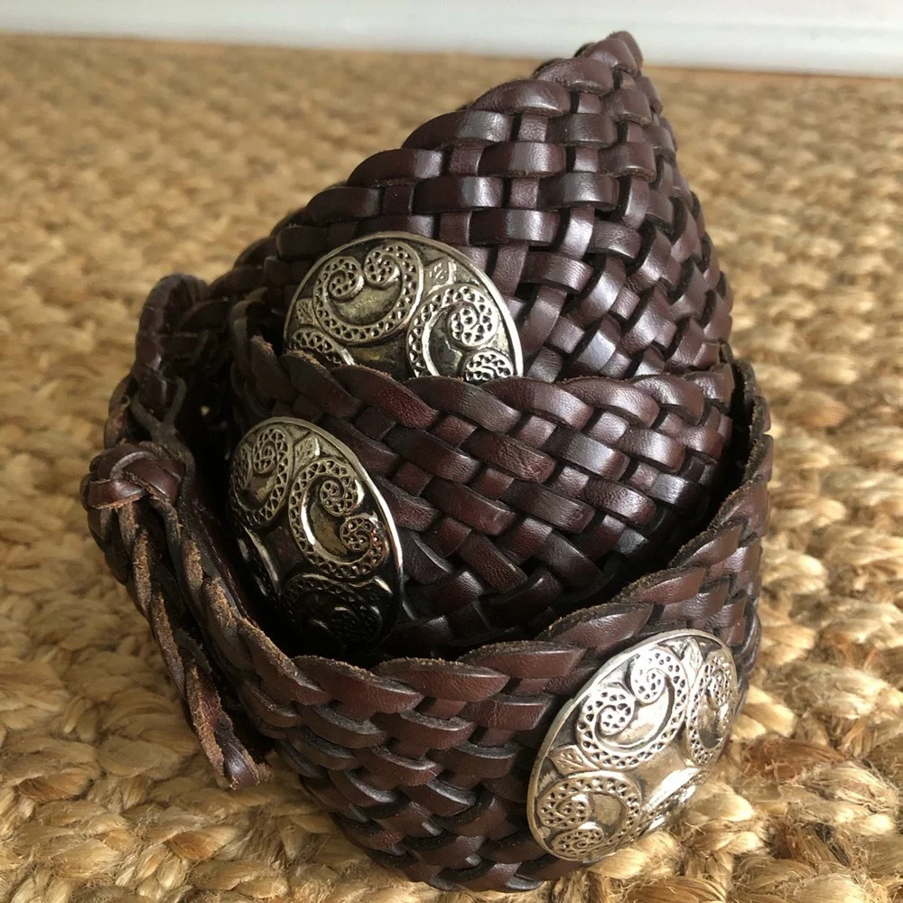 New: Anthropologie Woven Leather Belt with Silver Medallions. Size Medium